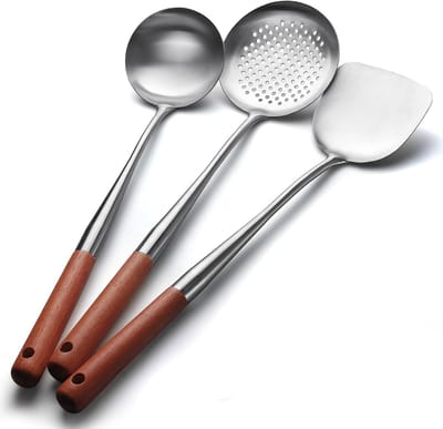 Wok en Schepskimmer Kookset, 3-delige RVS Keukenaccessoires, Vaatwasserbestendig voor Wok Koken en Bakken