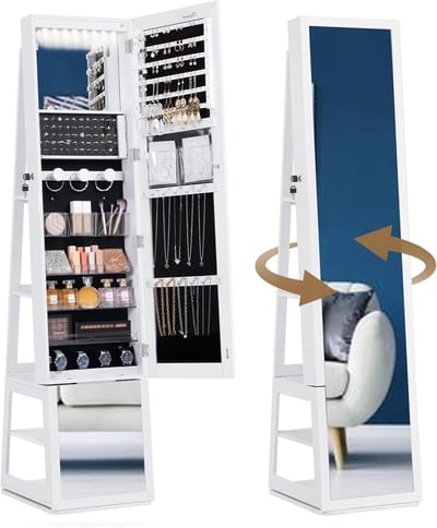 Sieradenkast - Opberger Meubel - Sieraden Organiseren - 360 Graden Draaibaar - 159 cm Hoog - Wit Zwart