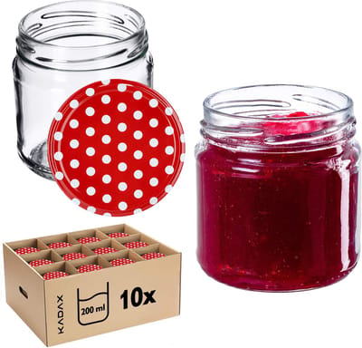 KADAX Kleine inmaakpotten 200 ml jampotten fi66 mm mini-glazen voor honing en specerijen luchtdichte glazen weckpotten potten ronde glazen (10 stuks rood gestippeld)