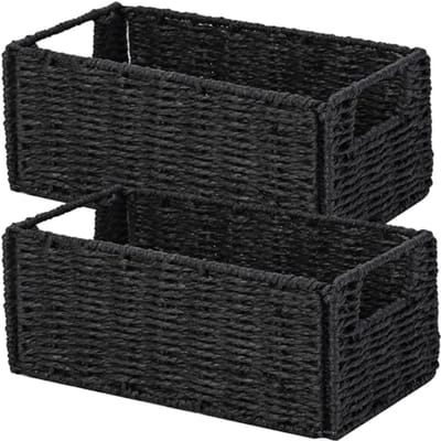 Woven Storage Baskets Set of 2 - Handwoven Paper Rope Baskets for Organizing Toilets, Shelves, and Pantries