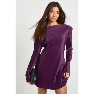 boohoo Dames Plisse mini-jurk met uitlopende mouwen | Plum | Maat: 8