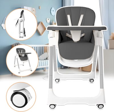 Froadp Opvouwbare kinderstoel voor baby's Kinderstoel Met bekleding, dubbele tafelplaat, 5-puntsgordel, in hoogte verstelbare tafelplaat Opvouwbare kinderstoel Babyzitje vanaf 6 maanden Kinderen - Type A Grijs
