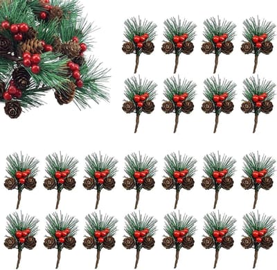 Set van 20 Kleine Kunstmatige Dennentakken met Bessen en Dennenappels voor Kerstdecoratie, DIY Kransen en Guirlandes