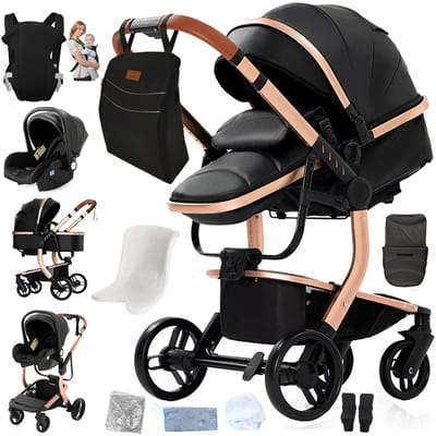 Luxe Kinderwagen - Buggy - Zwart/Goud - Opvouwbaar - Kinderwagens - Kinderwagen 3 in 1 - Pu-Lederen Bekleding - Met Wieg/Opzetstuk - Multifunctioneel - All Terrain