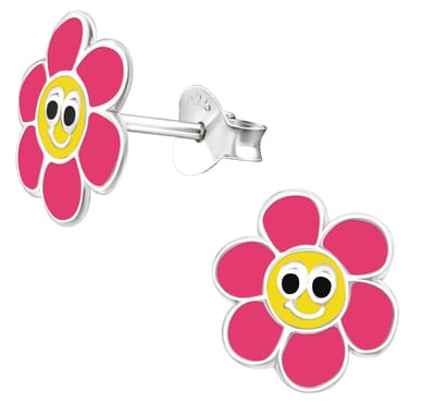 Joy|S - Zilveren vrolijke bloem oorbellen - 10 mm - roze geel met een gezichtje - kinderoorbellen