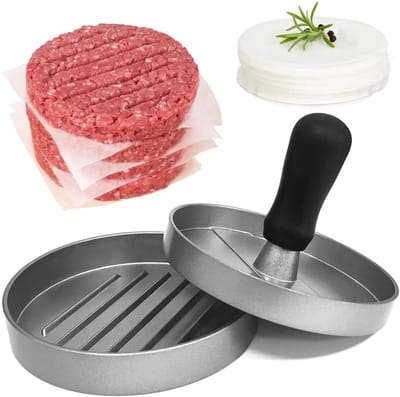 Burgerpers met 100 bakpapiertjes – Anti-aanbak hamburgerpers van aluminiumlegering met ABS handvat – Ø 11,4 cm – Vleespers voor sappige burgers, patties en BBQ