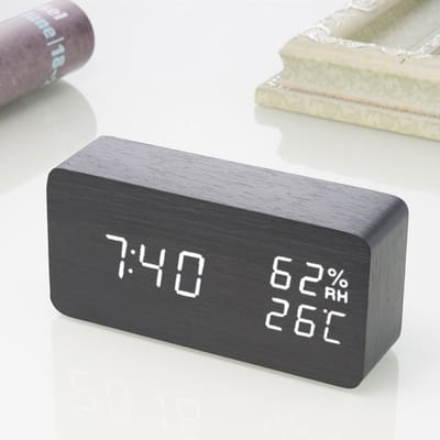 Wekker-Digitale wekker-Wekkerradio op netstroom-Wekker kinderen-Digitale houten led-wekker met 3 alarmen- nachtkastwekker met temperatuur en vochtigheid- display geactiveerd door aanraking of audio- instelbare helderheid- USB-aansluiting - Zwart