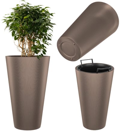 KADAX plantenbak Ø 29,5 x H 49 cm, moderne bloembak met binnenpot & geribbeld design, grote plantenpot van kunststof (bruin)