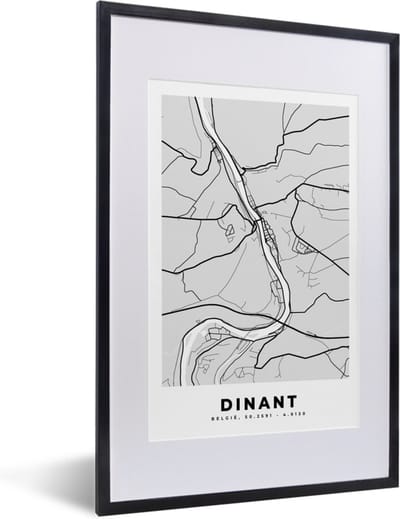 Fotolijst incl. Poster Zwart Wit- Stadskaart – Zwart Wit - Kaart – Dinant – België – Plattegrond - 40x60 cm - Posterlijst