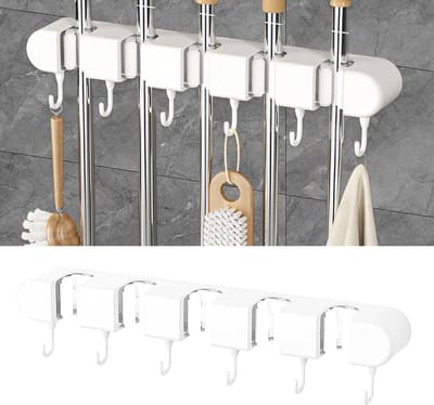 Bezem- en dweilhanger, zelfklevende muurbezemhouder, ABS-wandmontage met 5 posities en 6 haken, muurbezemhouder, dweilhangerorganisator voor keuken, badkamer, garage, tuin