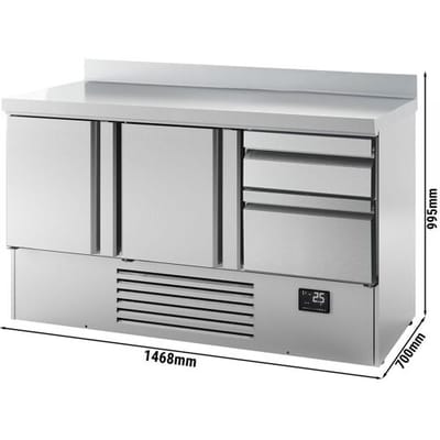 GGM Gastro Kühltisch Premium PLUS - 1460x700mm - mit 2 Türen - 2 Schubladen - mit Aufkantung