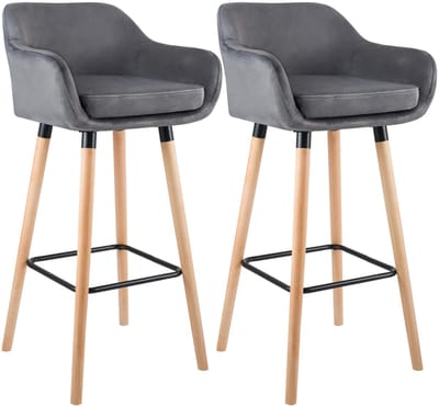 CLP Grant Set van 2 barkrukken - Met rugleuning - Moderne Barstoel - Beukenhouten Poten - Belastbaar tot 150 kg - Velvet - Fluweel - grijs/natura