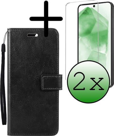 Hoesje Met 2x Screenprotector - Geschikt voor Samsung Galaxy A55 - Luxe Pasjeshouder - Bookcase Portemonee - Flip Case - Kunstleer Book Case - Flipcase Hoes - Book Cover - Walletcase - Portemonneehoes - Zwart