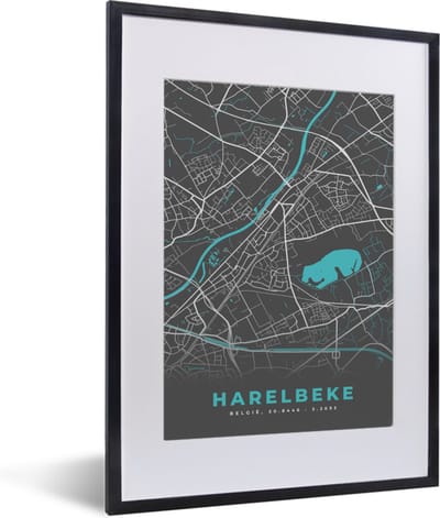 Fotolijst incl. Poster - België – Harelbeke – Stadskaart – Kaart – Blauw – Plattegrond - 30x40 cm - Posterlijst