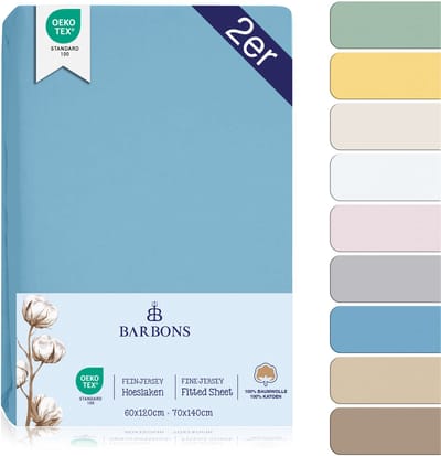 Barbons hoeslaken 70x140 - 60x120 hoeslakens ledikant Baby - 100% Katoen - Babybedje Lichtblauw Set van 2