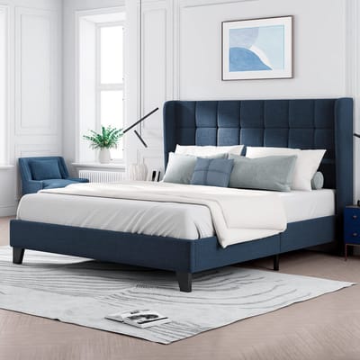 Sweiko Gestofferd bed Gestoffeerd Hoofdbord Twin bed met Flat noedles frame, 140x200cm, Blauw linnen, medium sterkte (geen matras)