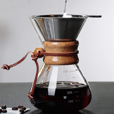 Pour Over Koffiezetapparaat 400ml Dubbellaags Filter V-Tuit Houten Sleeve Koffiezetter voor Thuis Café black
