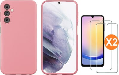 Hoesje Geschikt Voor Samsung Galaxy A25 Hoesje siliconen Licht Roze zacht siliconen hoesje TPU backcover - Met Screenprotector - 2 stuks