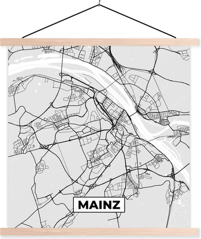 Posterhanger incl. Poster 40x40 cm - Schoolplaat - Mainz - Kaart - Stadskaart - Plattegrond - Duitsland - Textielposter - Blanke latten - Stadskaart