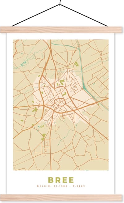 Posterhanger incl. Poster 40x60 cm - Schoolplaat - Plattegrond - Kaart - Bree - Vintage - Stadskaart - Textielposter - Blanke latten - Stadskaart