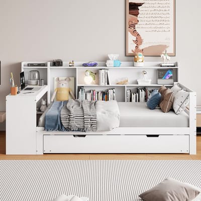 VVBV Slaapbank met Uitschuifbed 90x200 cm met Planken, Uitschuifbed - Bureau - Massief Hout Wit