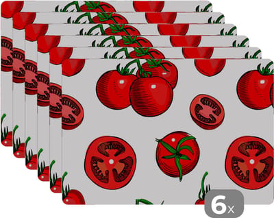 Placemat - Placemats kunststof - Rood - Patronen - Tomaten - 45x30 cm - 6 stuks - Hittebestendig - Anti-Slip - Onderlegger - Afneembaar