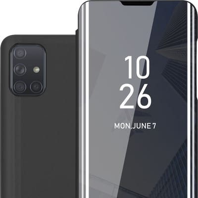 Cadorabo Hoesje geschikt voor Samsung Galaxy A71 4G in TOERMALIJN ZWART - Clear View Spiegel Beschermende Case met Tribunefunctie 360 Graden Bescherming Book Case Cover Etui