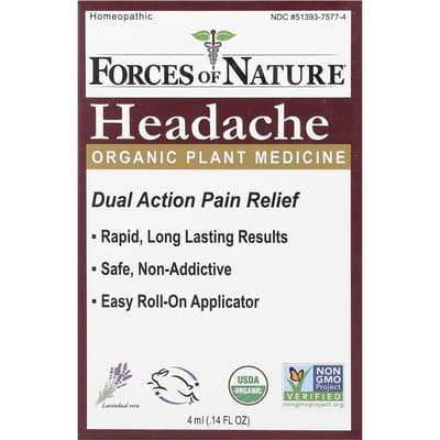 Forces of Nature, Hoofdpijn Roll-On, Biologische Botanische Geneeskunde, 0,14 oz (4 ml)