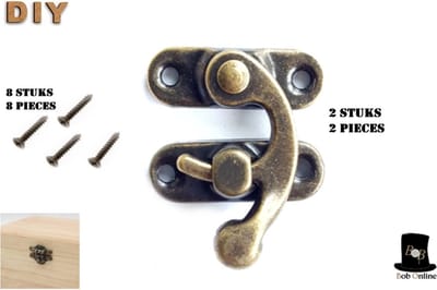Bob Online ™ - 2 Stuks - Bronsen – Antieke Rechts Klink Haak Hasp Hoorn Slotjes – Hout Sieraden Doos Klink Haak Sluiting – Metalen Kistslotjes – Antique Horn Lock – Horn Clasp Hook – Wooden Box Accessory – Meubelbeslag voor Kisten, Wijnkratten enz