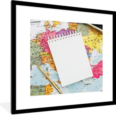 Poster in lijst - Fotolijst 40x40 cm - Posters - Wereldkaart - Potlood - Notitieblok - Posterlijst zwart - Decoratie - Wanddecoratie woonkamer - Muurdecoratie slaapkamer