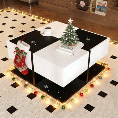 REDOM Vierkante salontafel 70×70×35,5 cm – zwart-wit kleurblok, 2 lades met lichtlopende rails, modern hoogglans design