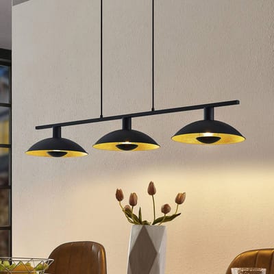 Lindby hanglamp Narisara, 118cm, E14, 3-lamps, zwart-goud