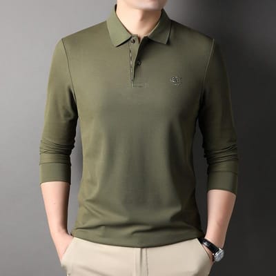 Nouveau polo uni pour homme Printemps Manches longues Mode Décontracté Droit T-shirt pour homme d'âge moyen 3XL gray