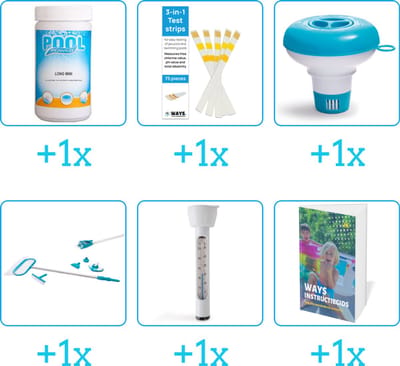 Zwembad Onderhoudspakket - Onderhoud Zwembad - bevat Chloor - Testrips - Chloordrijver - Schoonmaakset - Thermometer en Zwembadgids (6-delig)