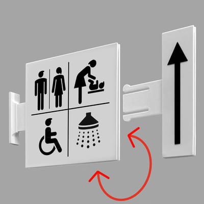 Toilet WC-bordje Dames & Heren, babyverzorging, invalide, douche – dubbelzijdig uithangbord – flag sign – met klikbare pijl – wand of plafond – 15 × 15 cm – 3D-geprint