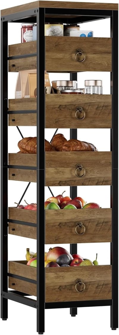 Smal Keukenrek met Uitschuifbare Lades - 5 Niveaus - Industrieel Opbergrek voor Keuken, Woonkamer & Badkamer - 30 x 40 x 114 cm - Hout/Metaal