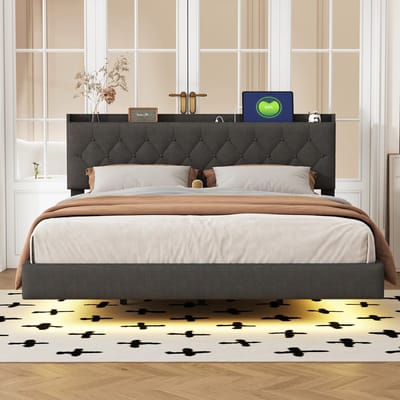 VVBV Gestoffeerd Slaapkamerbed 160x200 cm met USB, Lattenbodem - LED-Verlichting - Linnen Grijs