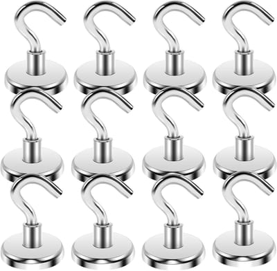 Set van 12 Extra Sterke Magnetische Haken van 32mm - Neodymium Magneten voor Keuken, Kamperen, Kantoor en Buitenactiviteiten, Zilver