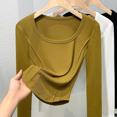 T-shirt met lange mouwen en U-hals voor dames Nieuw Vroeg najaar Dunne onderkleding Onderkleding Onderkleding Beddengoed Buikslankmakende top S