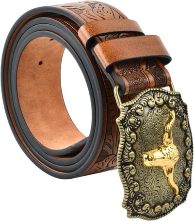 Cowboy en Cowgirl Leren Riem met Gegraveerde Bloemen en Stierenkop Gesp voor Jeans, Ideaal voor Western Stijl en Outfit