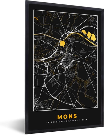 Fotolijst incl. Poster - Mons - Black & gold - Stadskaart - Plattegrond - Kaart - 40x60 cm - Posterlijst