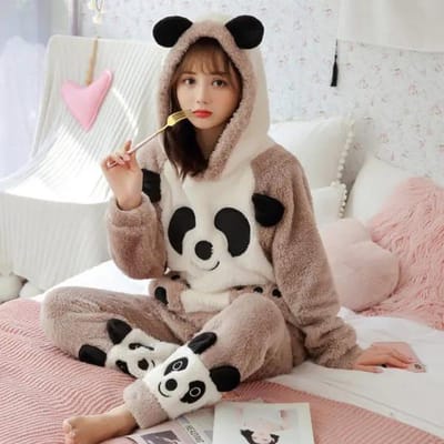 Herfst/winter Dames Flanel Pyjama Pak met Capuchon Schattig Verdikt Lang Pluche Huiskleding Bovenkleding XL gray