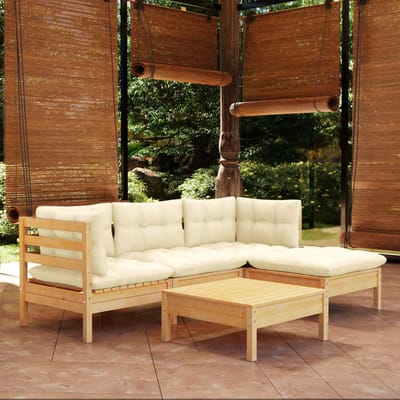 vidaXL - 5-delige - Loungeset - met - crèmekleurige - kussens - grenenhout