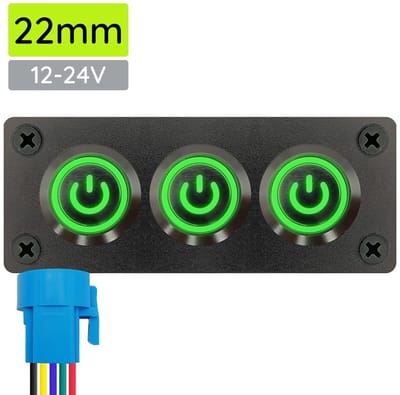 ProRide Metalen pulsschakelaar 12-24V OFF-(ON) - Inbouwpaneel drievoudig - 22mm - IP67 - LED indicatie Groen