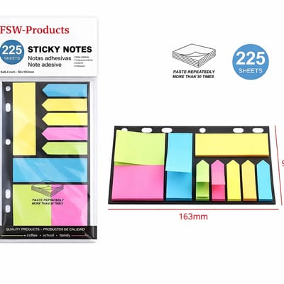 FSW-Products Sticky Notes Set 225 Stuks – Memoblaadjes & Index Tabs – Zelfklevend en Herpositioneerbaar – Kleurrijk – voor School, Kantoor en Planner