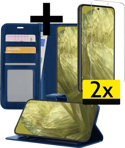 Hoesje - Met 2x Screenprotector - Geschikt voor Google Pixel 8a - Luxe Pasjeshouder - Bookcase Portemonee - Flip Case - Kunstleer Book Case - Flipcase Hoes - Book Cover - Walletcase - Portemonneehoes - Telefoonhoesjes - Donkerblauw
