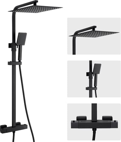 Auralum MAX Regendouche met Thermostaatkraan - Verstelbare Hoogte 81-124 cm - 30x30 cm Douchekop - RVS Douchekolom - Doucheset - met Douchethermostaat - Zwart