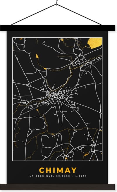 Posterhanger incl. Poster 40x60 cm - Schoolplaat - Stadskaart - Goud - Chimay - Plattegrond - Kaart - Textielposter - Zwarte latten - Stadskaart