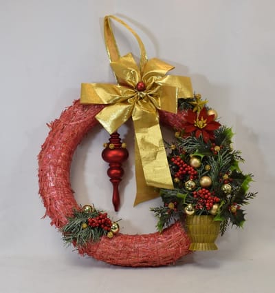 ZoeZo Design - kerstkrans - krans - hangkrans - rood - goud - groen - natuurlijke materialen - kunststof - glas - ieder jaar opnieuw bruikbaar - Ø 35 cm