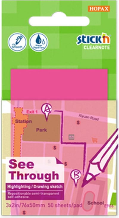Stick'n Clear Note - Doorzichtige Note - 76x51mm - 50 Pads - Magenta